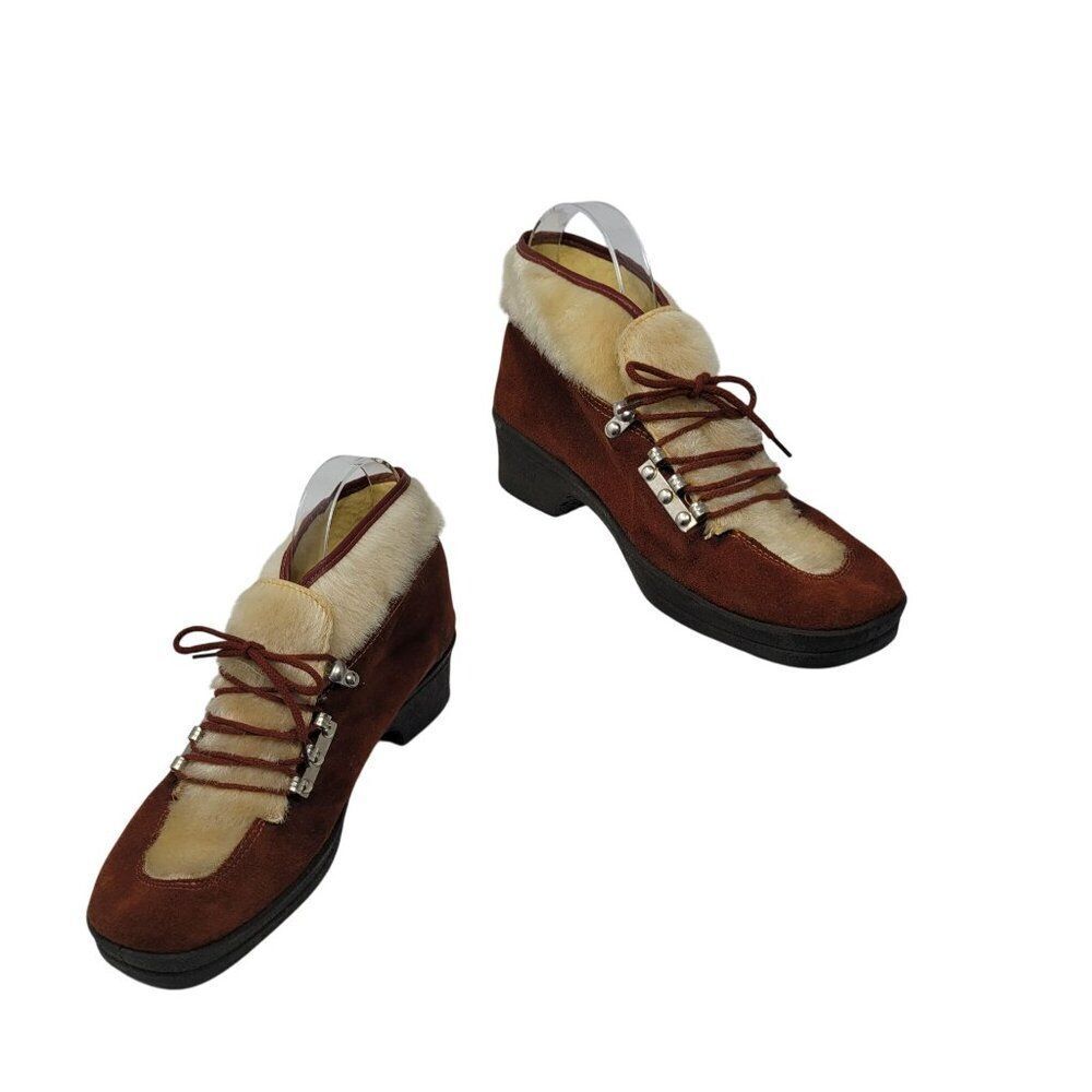 Vtg Italian‎ Snow Boots Rust Suede Cream Faux Fur Lace-Up Ankle Booties US Sz 6